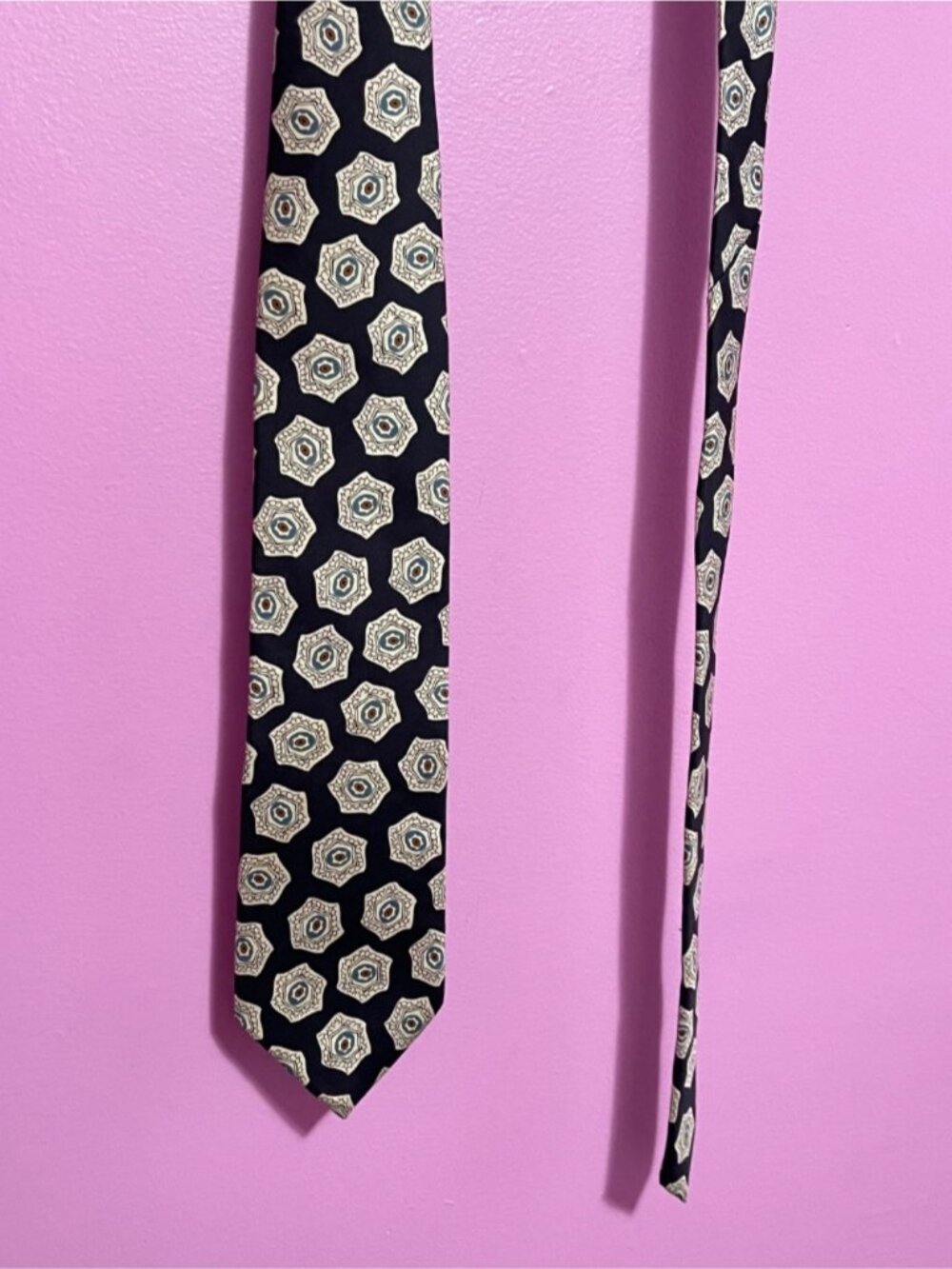 Christian Dior Monsieur Vintage Silk Tie Black Beige Teal Necktie Made in USA - Picture 7 of 9